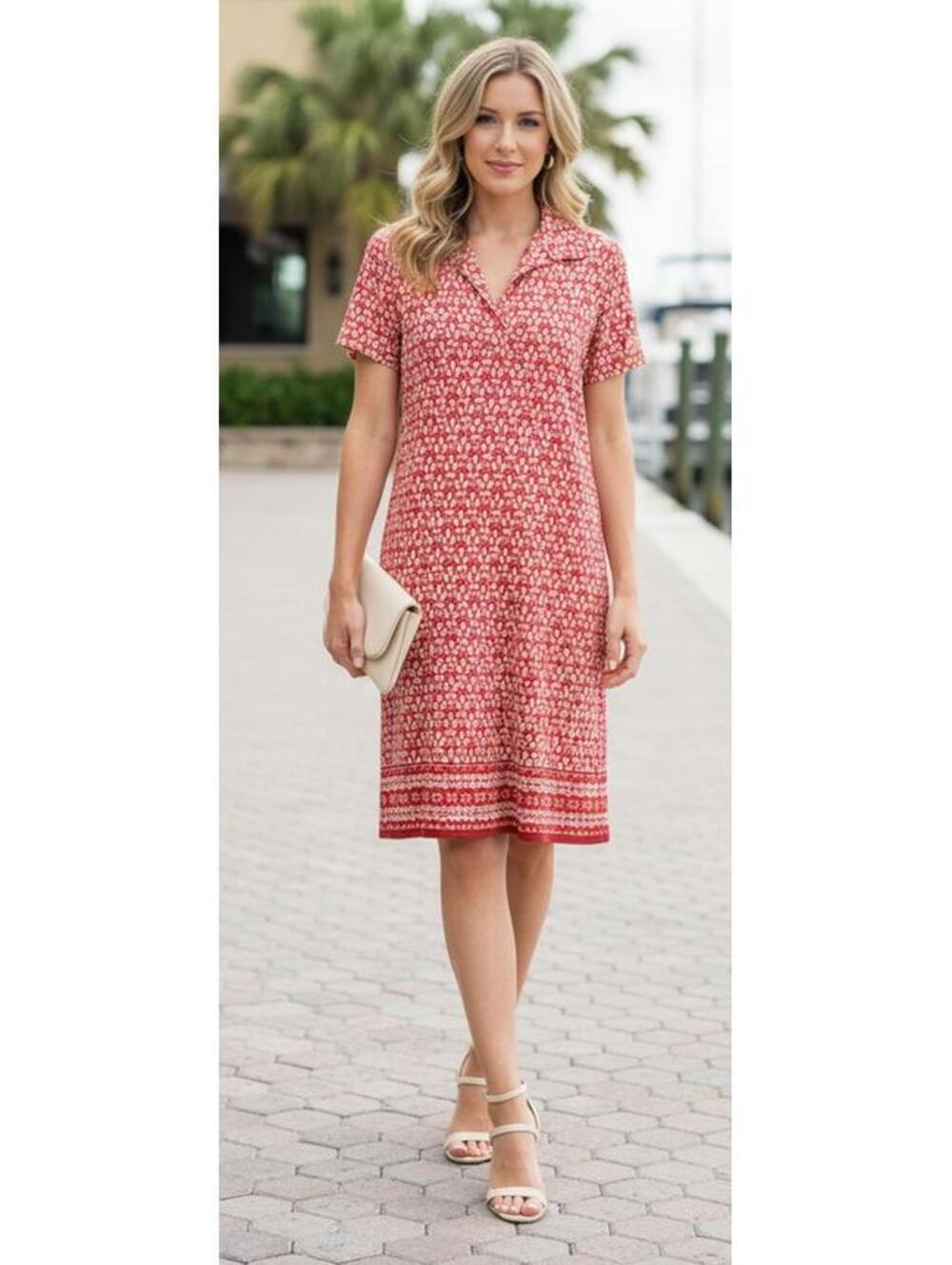 Max Studio Red Ivory Geometric Medallion Shirt Dress XS Collared V Neck